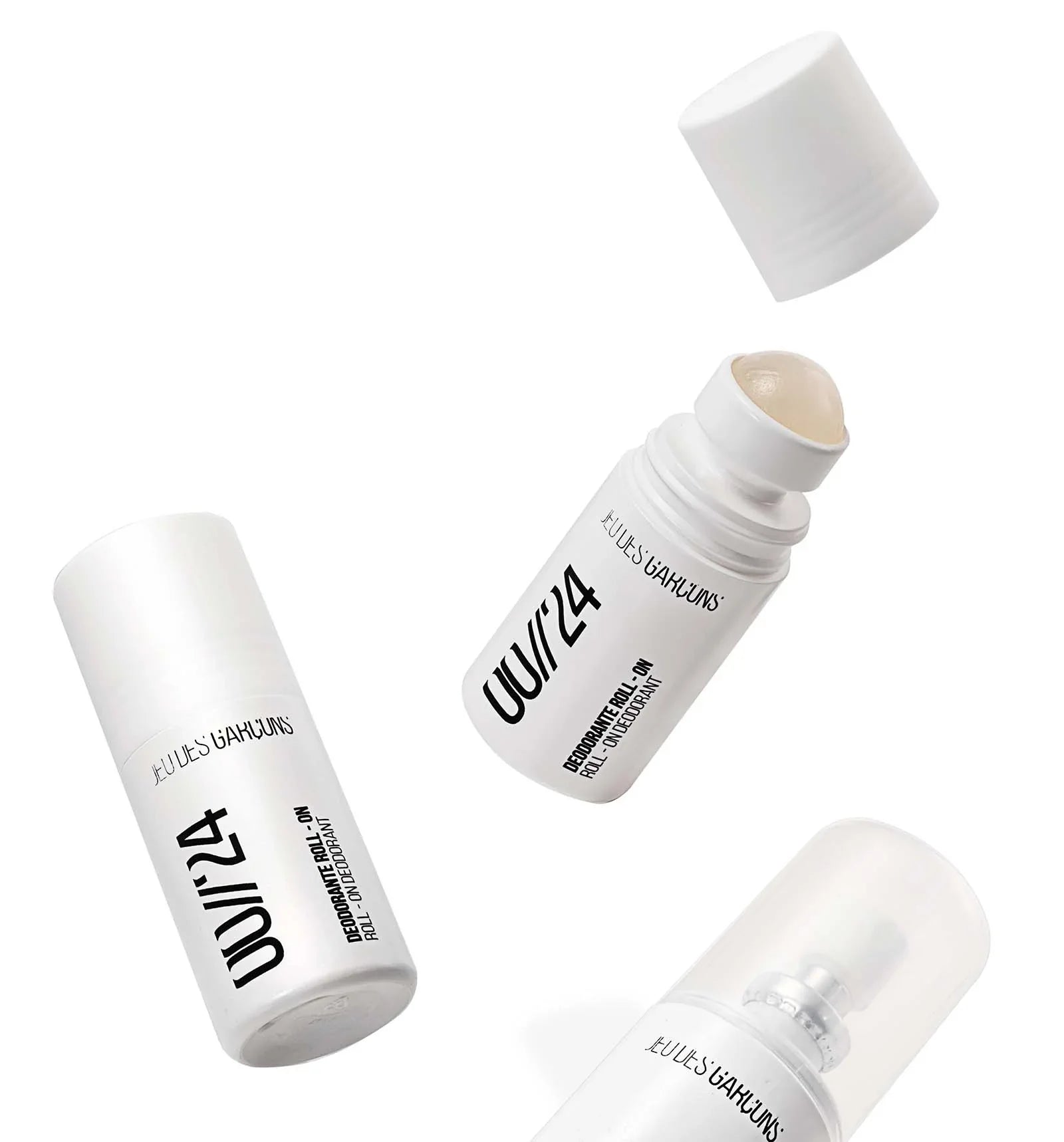 Deodorante roll on bianco Jules Gahguns con tappo staccato e logo nero su sfondo bianco