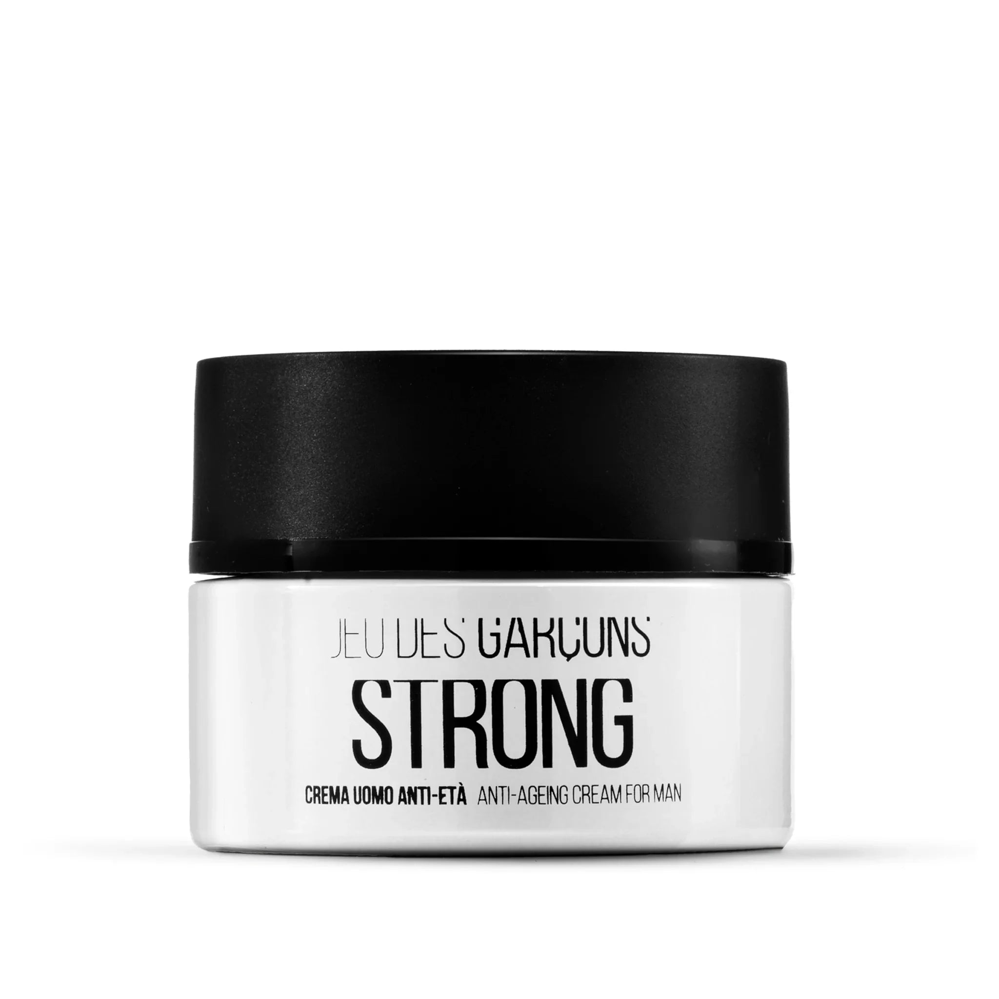 Barattolo di crema uomo anti-età Strong con coperchio nero su sfondo bianco