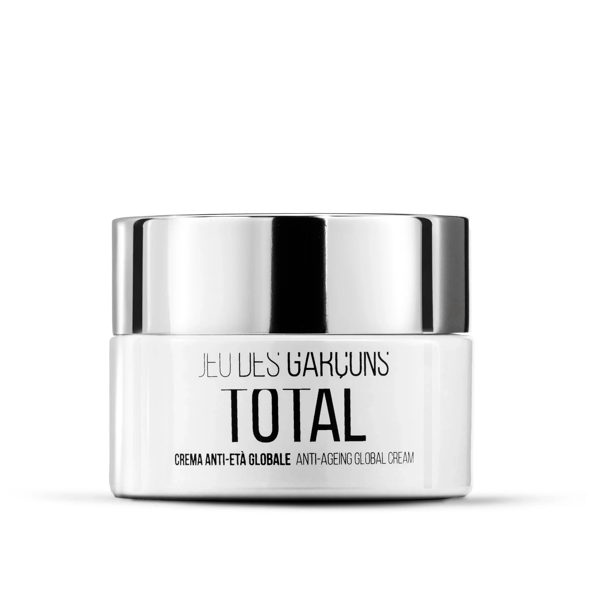 Barattolo bianco con coperchio argento di crema viso anti-età globale Total