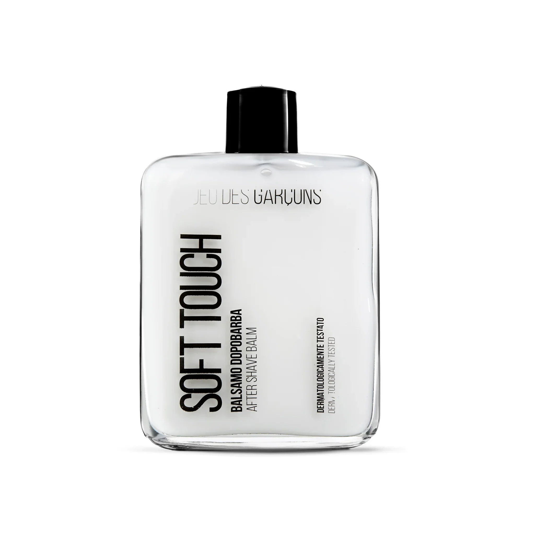 Balsamo dopobarba Soft Touch in bottiglia trasparente con tappo nero su sfondo bianco