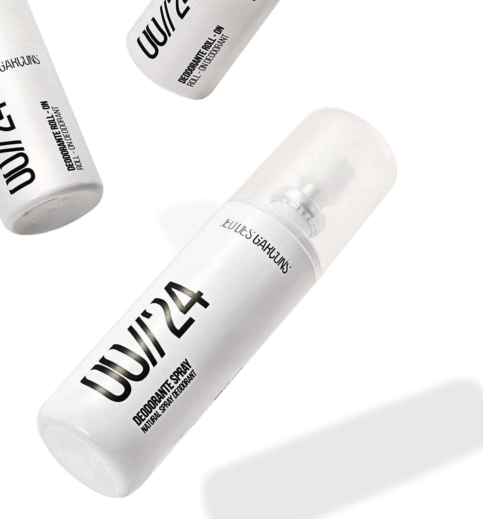 Deodorante spray naturale UW24 con packaging bianco minimalista e scritte nere